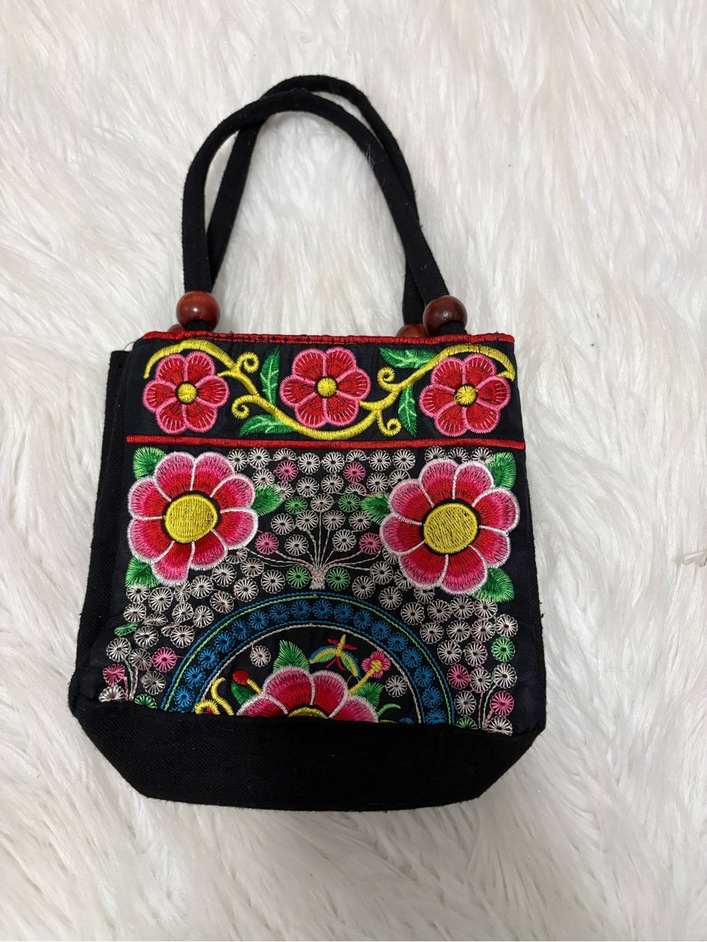 Vintage Global Boho Ethnic Black Embroidered Floral Tote Bag Pink Yellow Accent